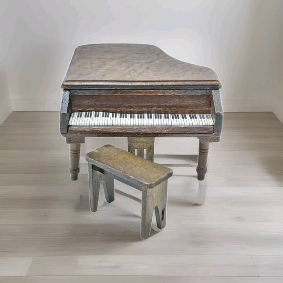 Miniature Grand Piano & Bench Walnut Furniture Doll House Vintage Wooden - Picture 14 of 14